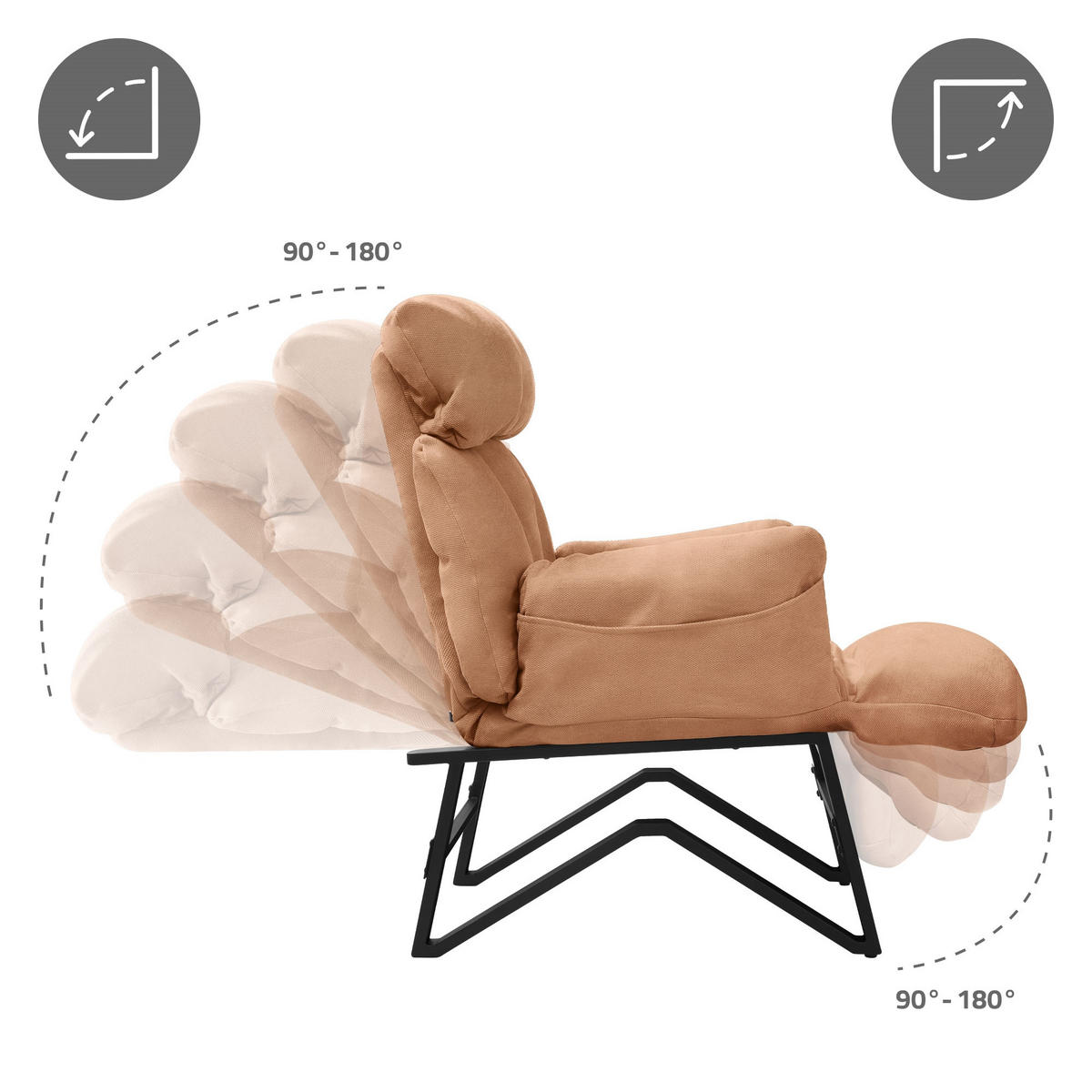RELAXSESSEL Braun Leinenbezug verstellbar mit Armlehnen und Fußablage - Schwarz/Braun, Textil/Metall (85/102/82cm) - ML-DESIGN