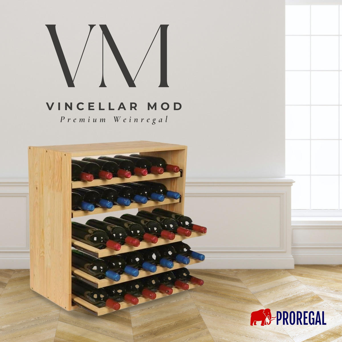 WEINREGAL Vincellar Mod 60x60x30 cm Auszug Modul Für 30 Flaschen mit Ausziehbaren Ebenen Massives Kiefernholz Natur - Naturfarben, Holz (60/60/30cm) - PROREGAL