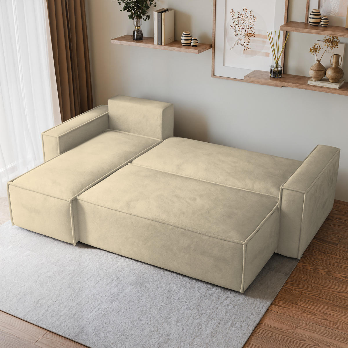 ECKSOFA RAVELO M Creme Velours-Stoff mit Schlaffunktion - Creme, Holz (240/140cm) - MASSENO