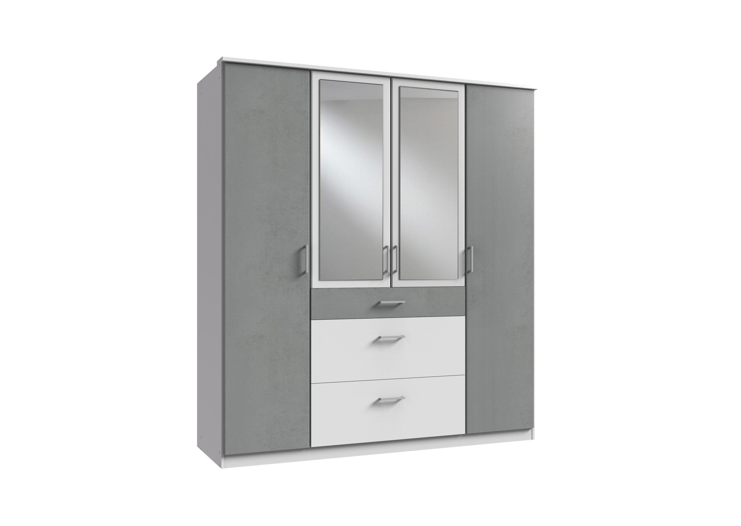 KLEIDERSCHRANK Click in Weiß mit Beton Lichtgrau - Drehtürenschrank 179 cm Breite mit Spiegel - Weiß, Holzwerkstoff (179/199/58cm)
