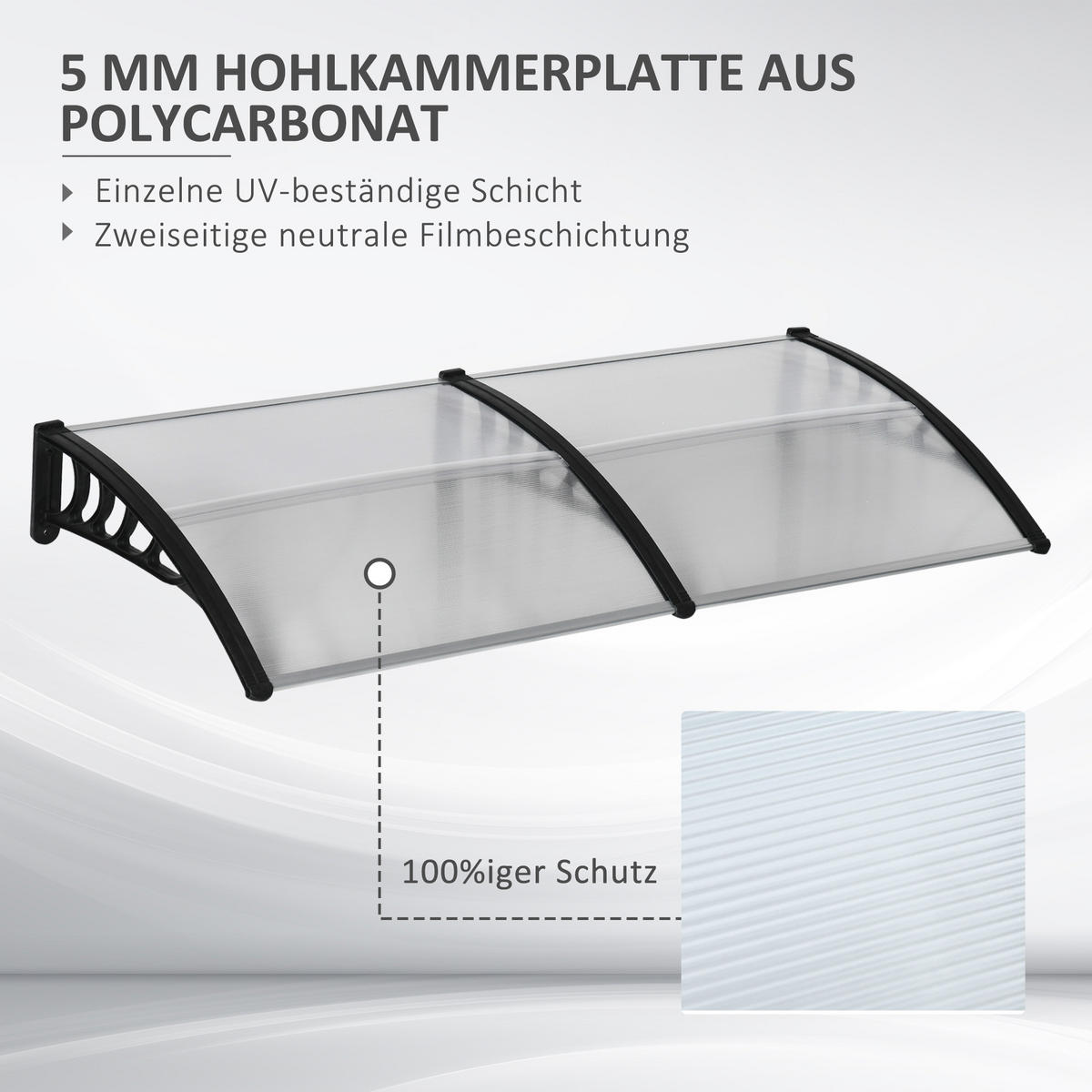 TÜRÜBERDACHUNG DE-07490 wetterfest mit Polycarbonat und Aluminium Schwarz - Transparent/Schwarz, Kunststoff/Metall (96/27/200cm) - ComfortXL