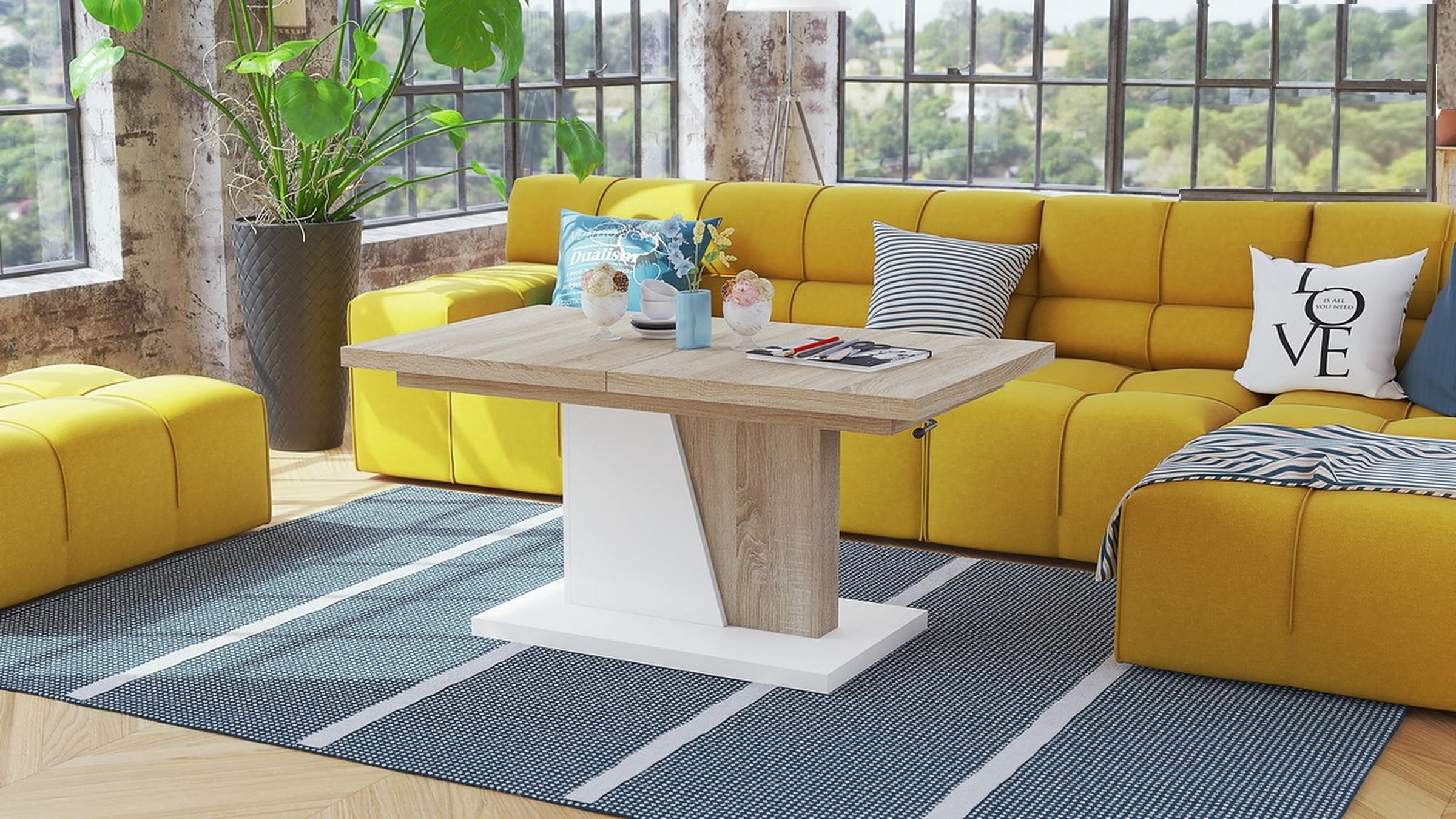 COUCHTISCH rechteckig Sonoma Eiche - Weiß ausziehbar höhenverstellbar - Weiß/Sonoma Eiche, Holzwerkstoff (70/120/60cm) - designimpex