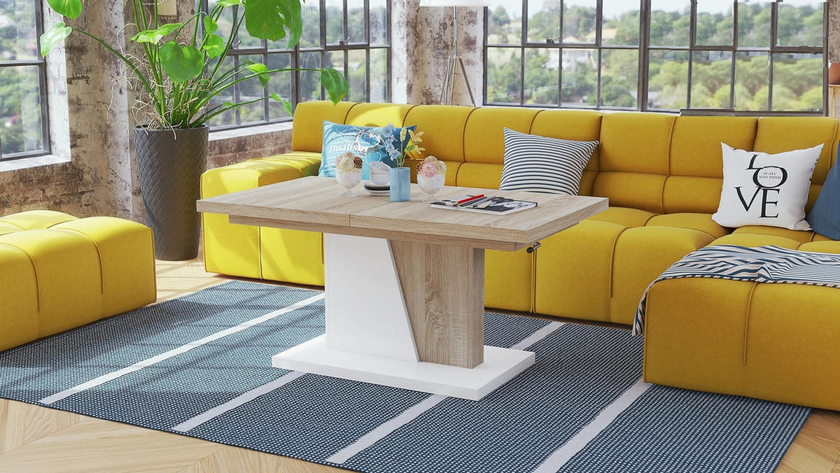 COUCHTISCH rechteckig Sonoma Eiche - Weiß ausziehbar höhenverstellbar - Weiß/Sonoma Eiche, Holzwerkstoff (70/120/60cm) - designimpex