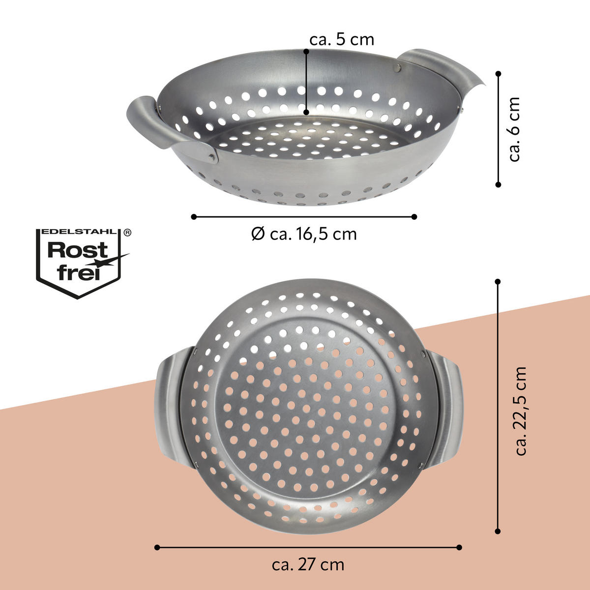 GRILLKORB, rund Edelstahl matt - Edelstahlfarben, Metall (22.5/27/6cm) - bremermann