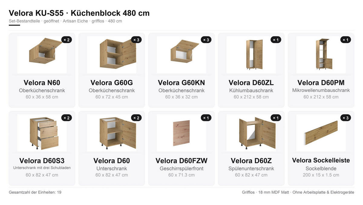 KÜCHENZEILE – Küchenblock 480 cm VELORA – KU-S55 – Eiche Artisan - Eiche Artisan, Holzwerkstoff (480/248/58cm) - hi-markt