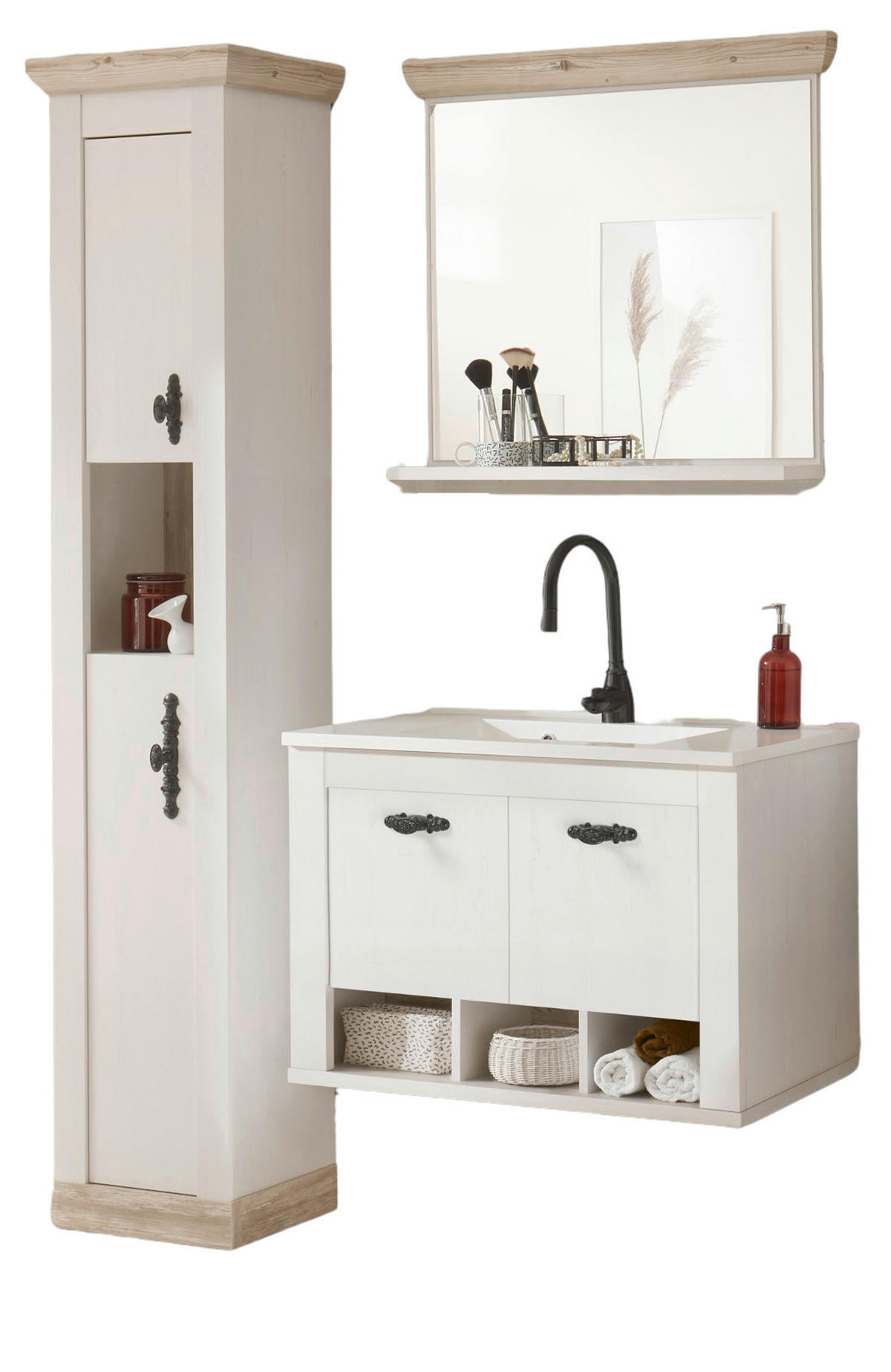 BADKOMBINATION Pinie weiß, Oslo Pinie, Landhaus Badmöbel Set 4-tlg. hängend MIT Waschbecken 143 x 200 cm - Anthrazit/Weiß, Holzwerkstoff/Metall (143/200/46cm) - Furn.Design