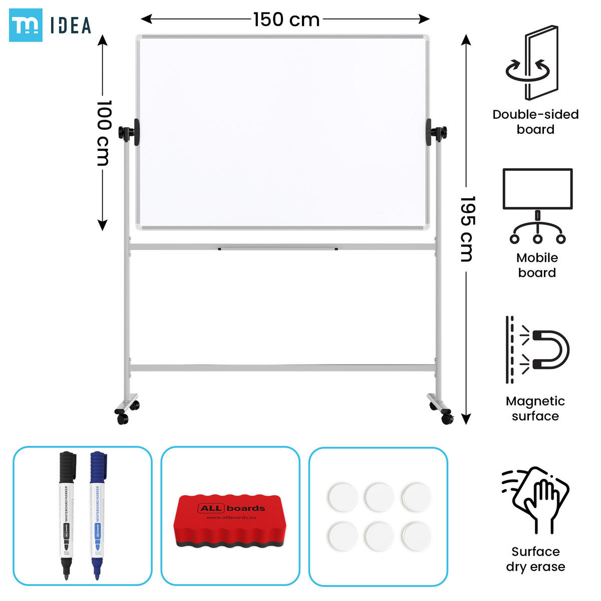 MOBILES Board, Serie: TM Idea/Flex - mit doppelseitiger Whiteboard-Oberfläche, drehbar, 150x100 cm - Weiß, Metall (150/100/62cm) - ALLboards