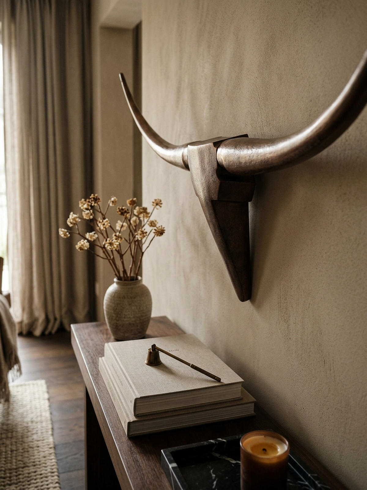 WANDDEKO Bull Geweih aus Aluminium 125 cm Breite, Bronze 100x6x40 cm - Bronzefarben, Metall (100/40/6cm) - KADIMA DESIGN