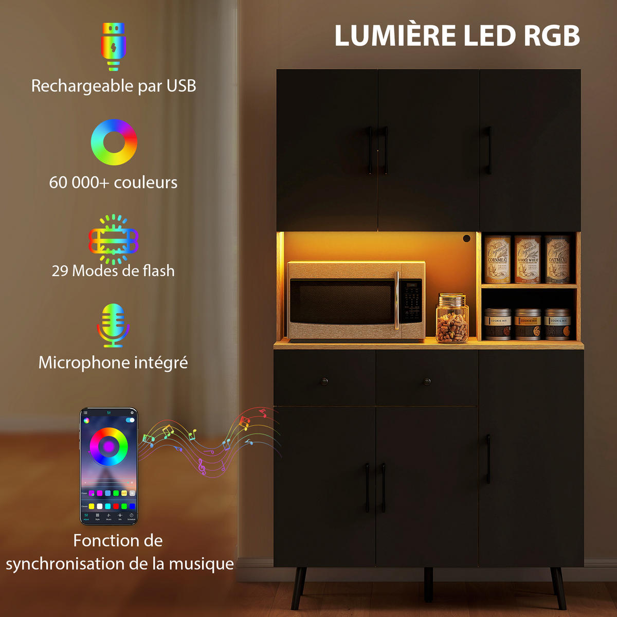 KÜCHENSCHRANK Schwarz und Eiche-Nachbildung, RGB-LED, 100/40/176 cm - Eichefarben, Holzwerkstoff (100/176/40cm) - PANGIVO