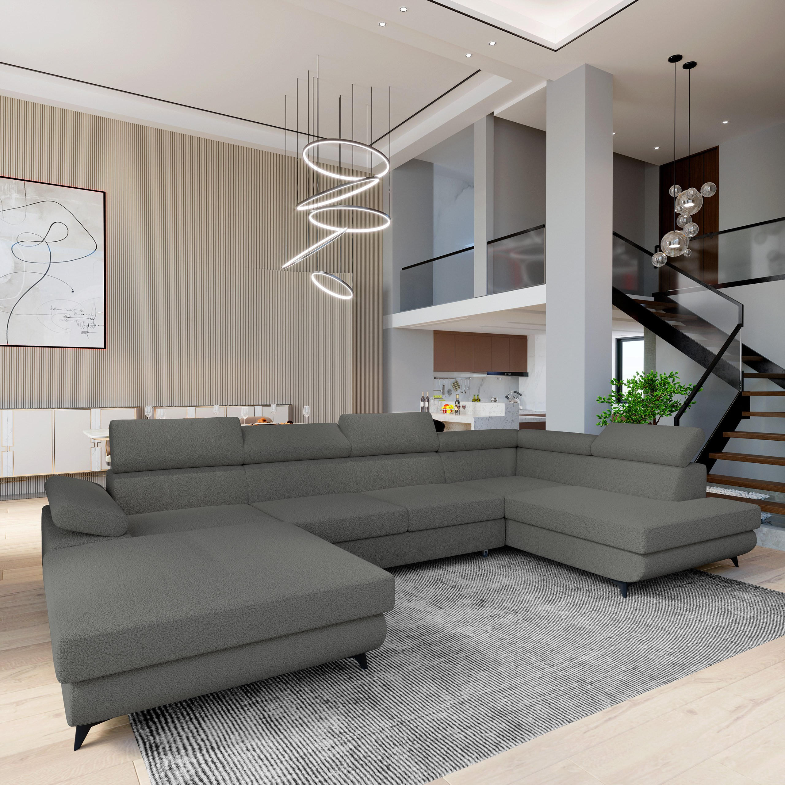 WOHNLANDSCHAFT RUBANO R-S Grau Boucle-Stoff mit Schlaffunktion - Grau, Holz (339/89/190cm) - MASSENO