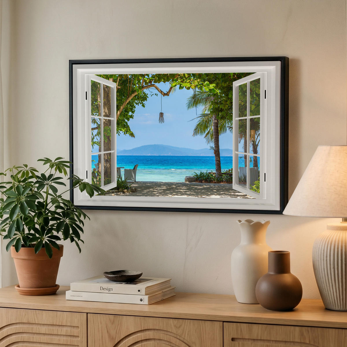 LEINWAND Bilder mit Rahmen - Aussicht - Baum - Meer - Palme - Hügel - Strand - Blau - 60x40 - Blau, Textil (60/40cm) - MuchoWow