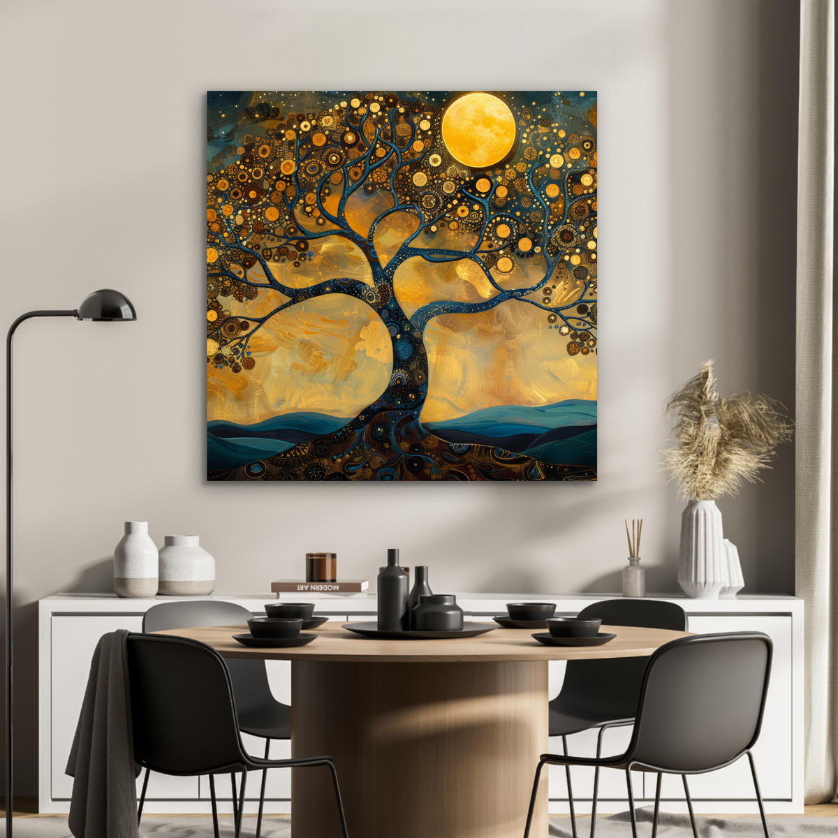 METALLBILD Baum - Mond - Blumen - Gold - Kunst 90x90 cm - Orange, Metall (90/90cm) - MuchoWow