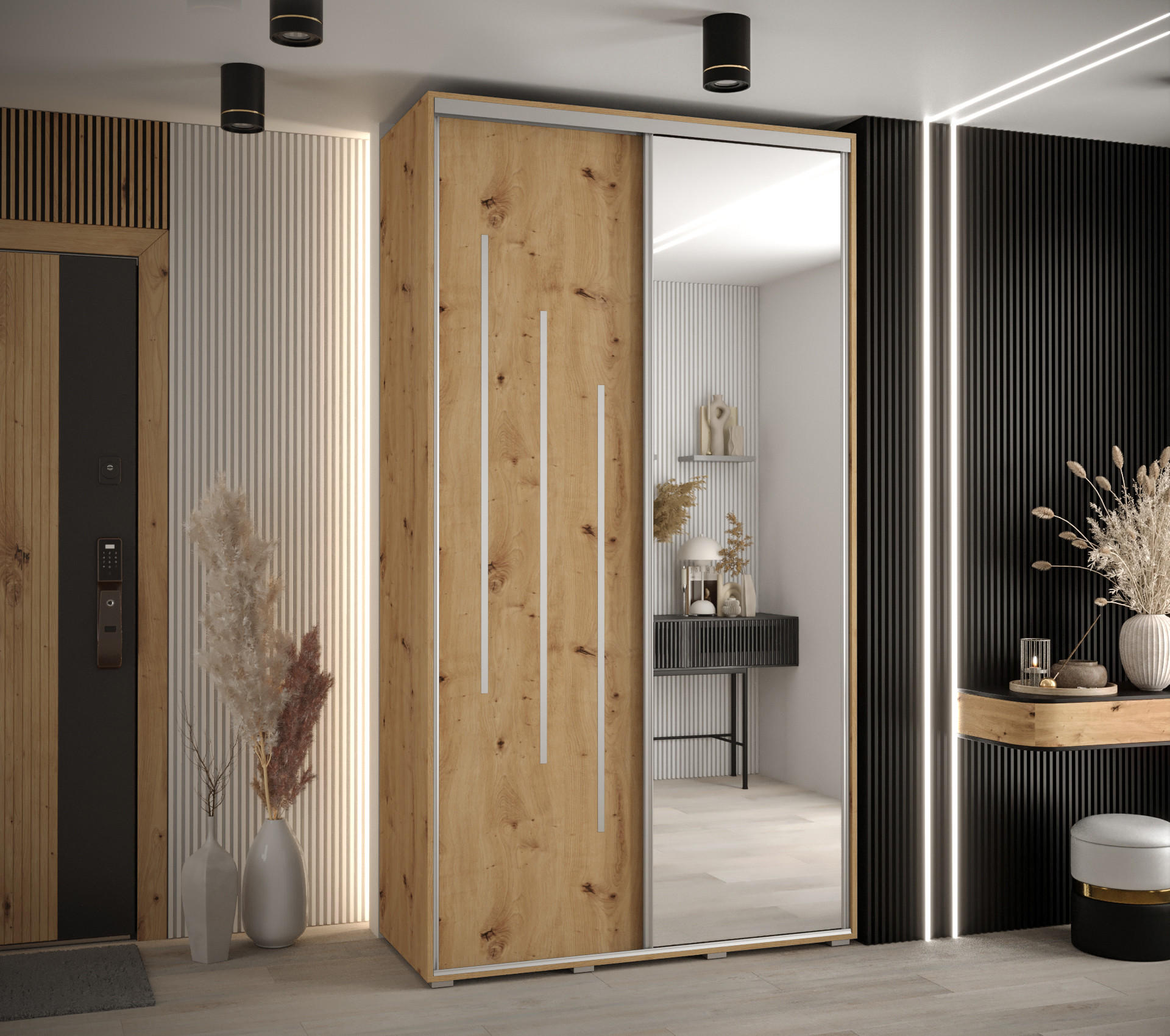 Thumbnail - Abiks Möbel Schwebetürenschrank, Eiche Artisan, Eiche Artisan, Silber, Metall, Nachbildung, 6 Fächer, 130x235x60 cm, Sch...