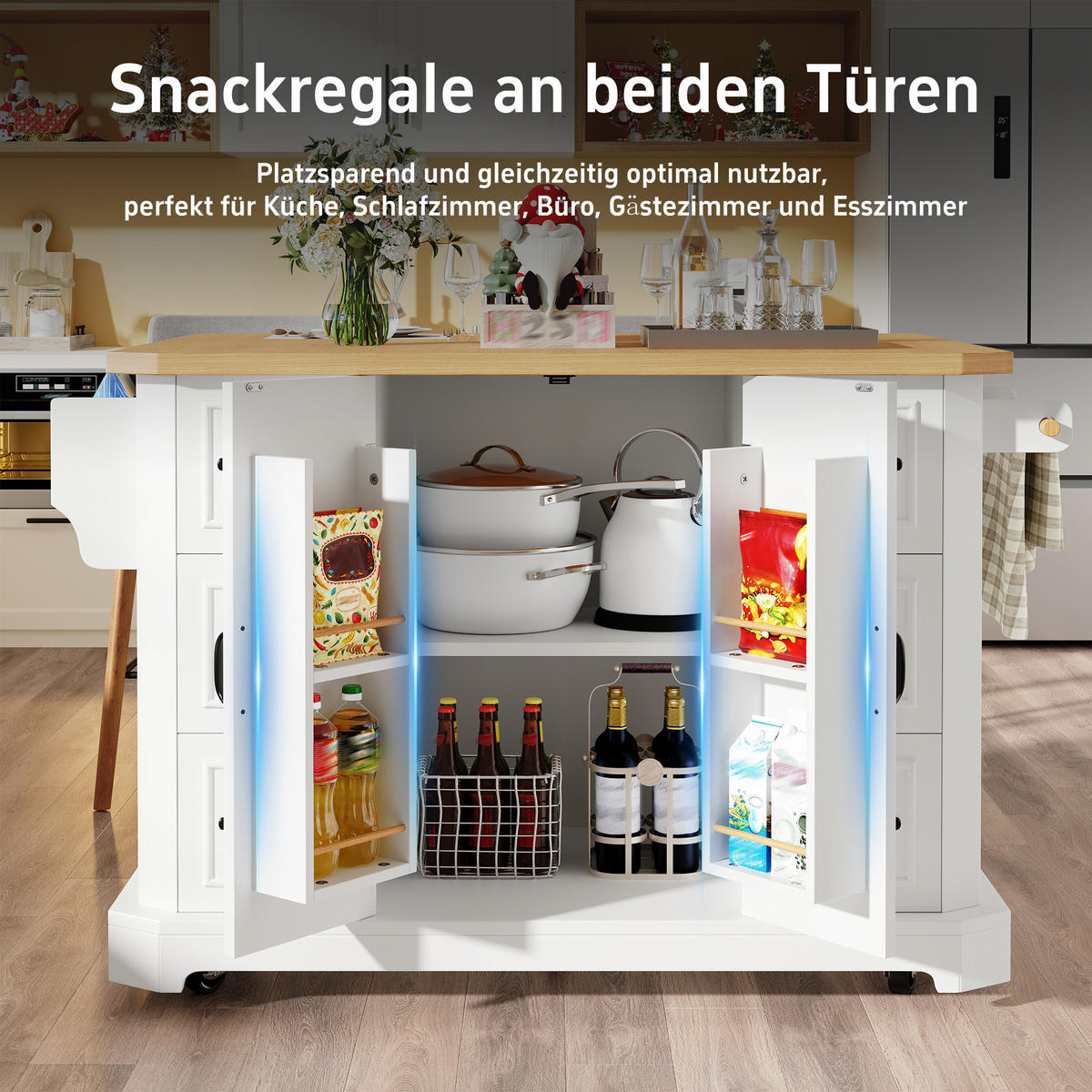 KÜCHENINSEL 120/45(75)/91 cm Weiß mit 6 Schubladen, 2 Türen, Klappbarer Arbeitsplatte und Rollen mit Bremsen - Weiß, Holz/Holzwerkstoff (120/91/45cm) - Oxeza