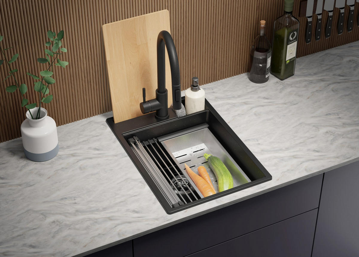 SPÜLBECKEN Oslo Pocket, 2-er set Schwarz Metallic 38/53 cm 1 Becken + Ablauf-Set + Küchenzubehörset ab 40er Unterschrank - Chromfarben/Schwarz Hochglanz, Kunststoff (38/20/53cm) - Primagran