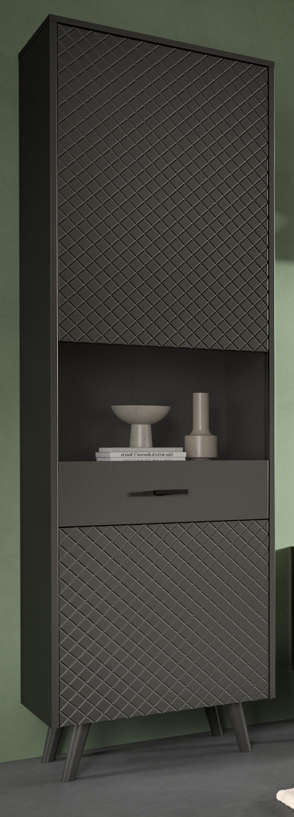 VITRINE grau matt 58 x 195 cm, Vitrinenschrank mit Struktur - Schwarz/Grau, Glas/Holzwerkstoff (58/195/37cm) - Inn.Furn