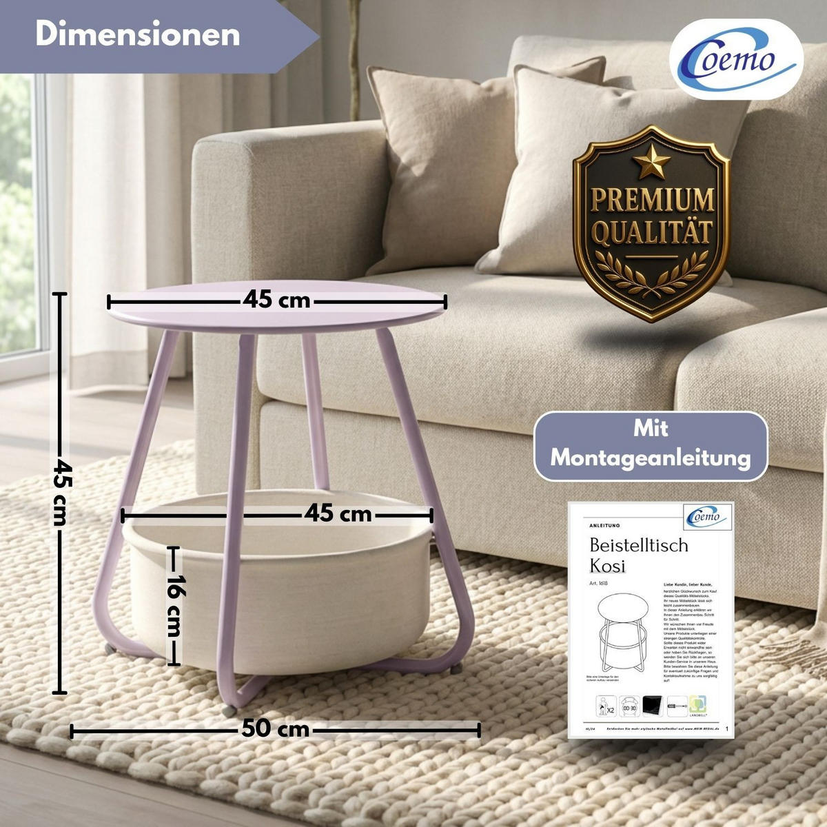 COUCHTISCH KOSI Metall mit Aufbewahrungskorb Canvas Lila - Lila, Metall (50/50/45cm) - Coemo