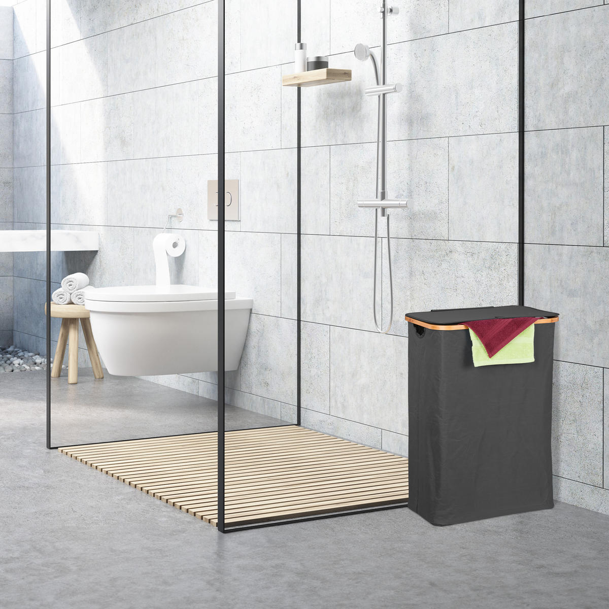 WÄSCHEKORB - Schwarz, Holz/Textil (54/75/34cm) - Relaxdays