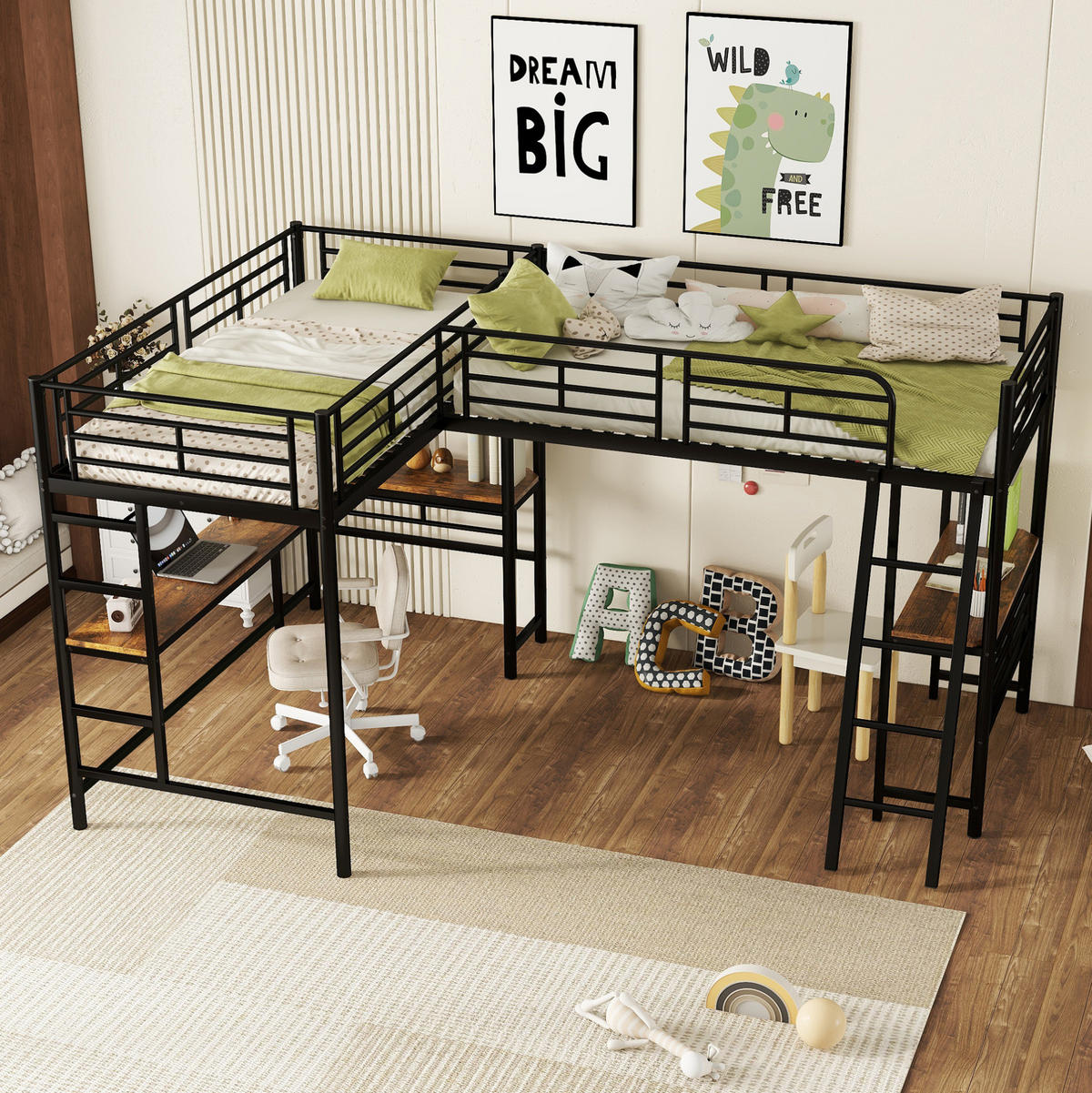 HOCHBETT aus Metall und MDF 90x200 cm in Schwarz mit Schreibtisch & Treppe - Schwarz, Metall (90/200cm) - Modfu