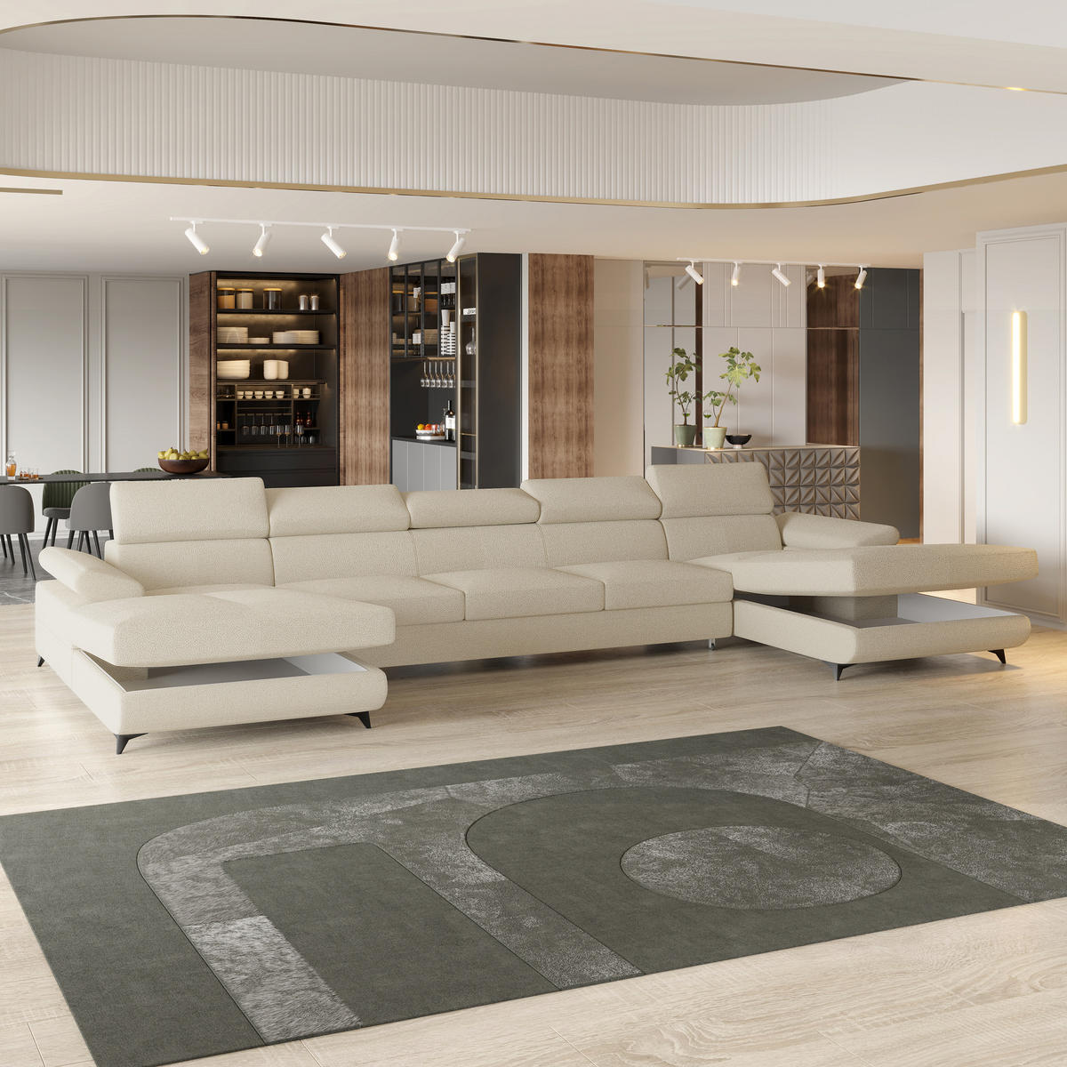 WOHNLANDSCHAFT VIVENTE Creme Boucle-Stoff mit Schlaffunktion - Creme, Holz (410/89/190cm) - MASSENO