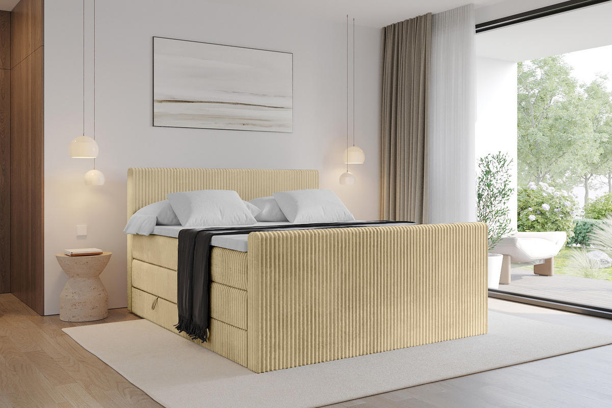 BOXSPRINGBETT mit Matratze H3|H4 und Lattenrost - TOLO-Z KING 160x200 Cord - Ecru - Ecru, Holzwerkstoff (160/200cm) - ALTDECOR