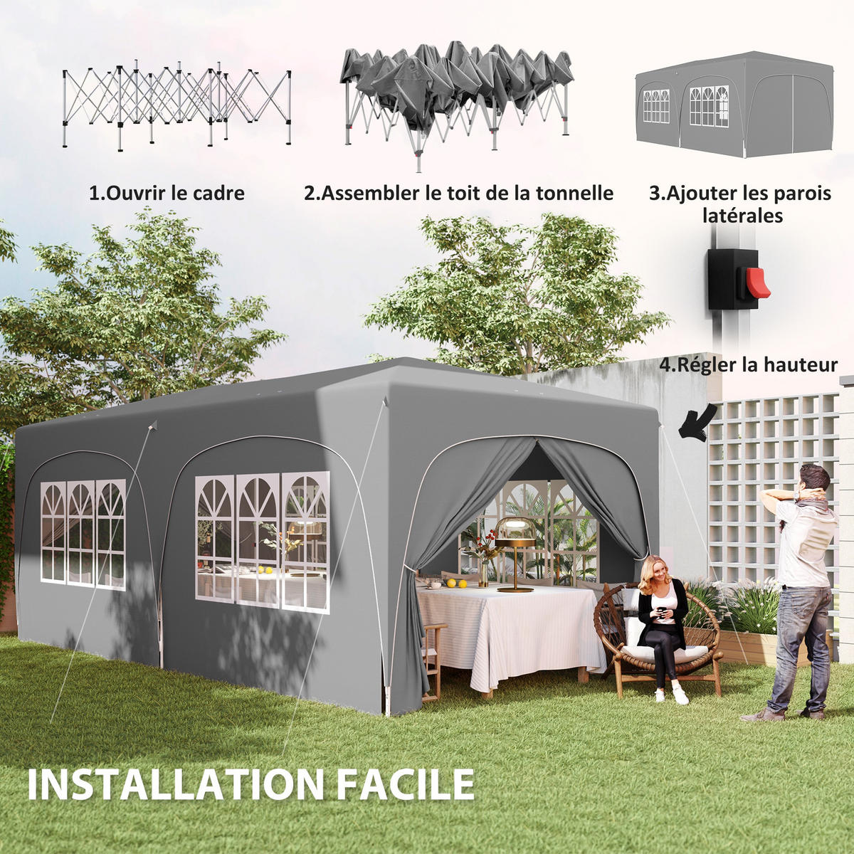 PAVILLON DE-13993 Pop-up 3/6 m, höhenverstellbar, UPF50+ Hellgrau - Grau, Textil (300/270/597cm) - ComfortXL