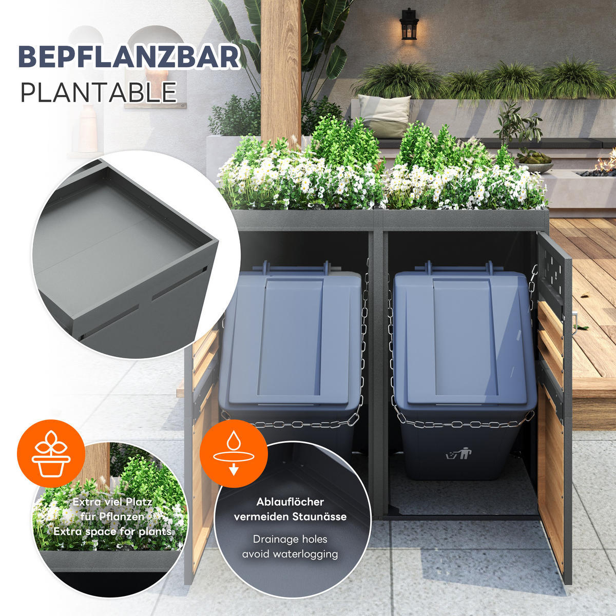 MÜLLTONNENBOX 4er Pflanzdach anthrazit - Grau, Metall (264/125/80cm) - LEBENLANG