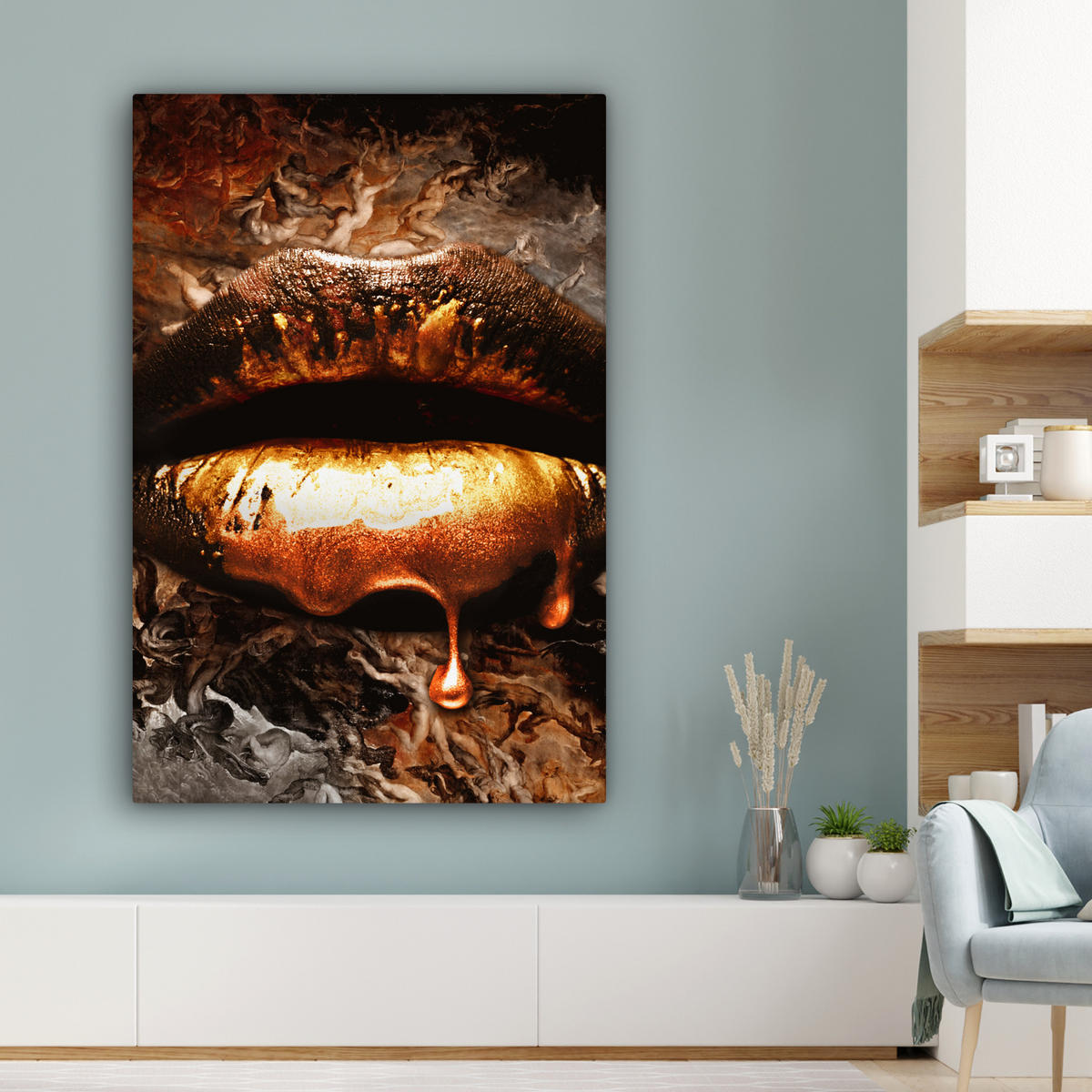 LEINWANDBILD Gold - Lippen - Kunst - Gold - Luxus - Abstrakt 90x140 cm - Kupferfarben, Textil (90/140cm) - MuchoWow