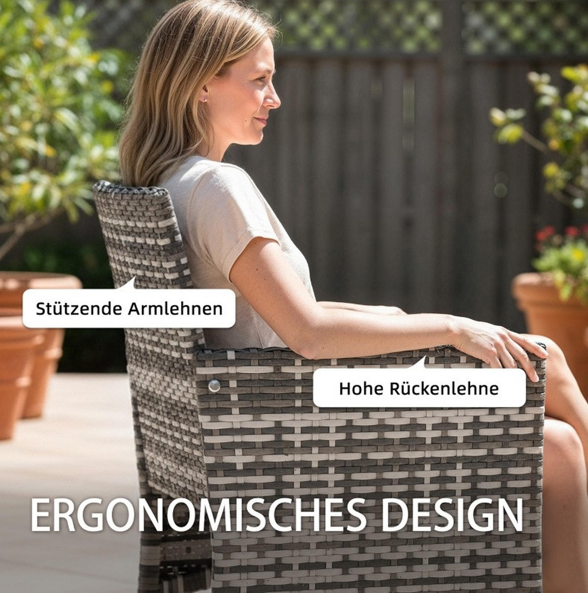 2ER Gartenstuhl-Set 62/58/87 cm mit Polstern und Armlehnen aus Polyrattan, Grau - Grau, Naturmaterialien (58/87/62cm) - Redom