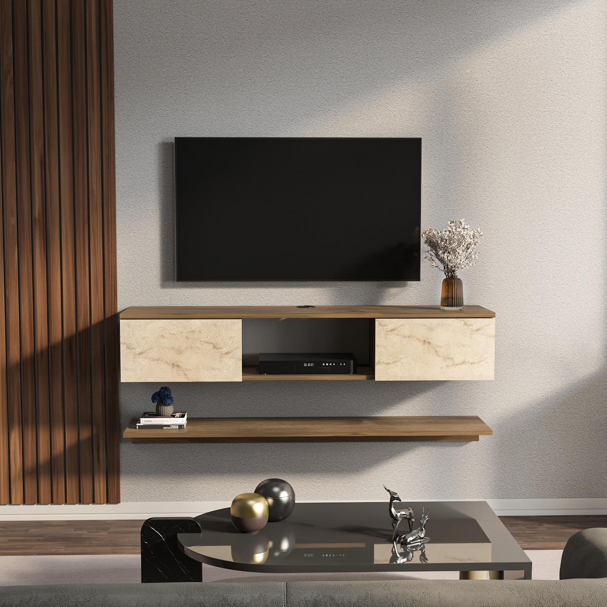 TV-ELEMENT Elia Walnußbraun Travertein - Walnussfarben, Holzwerkstoff (140/25.6/32cm) - Decorotika