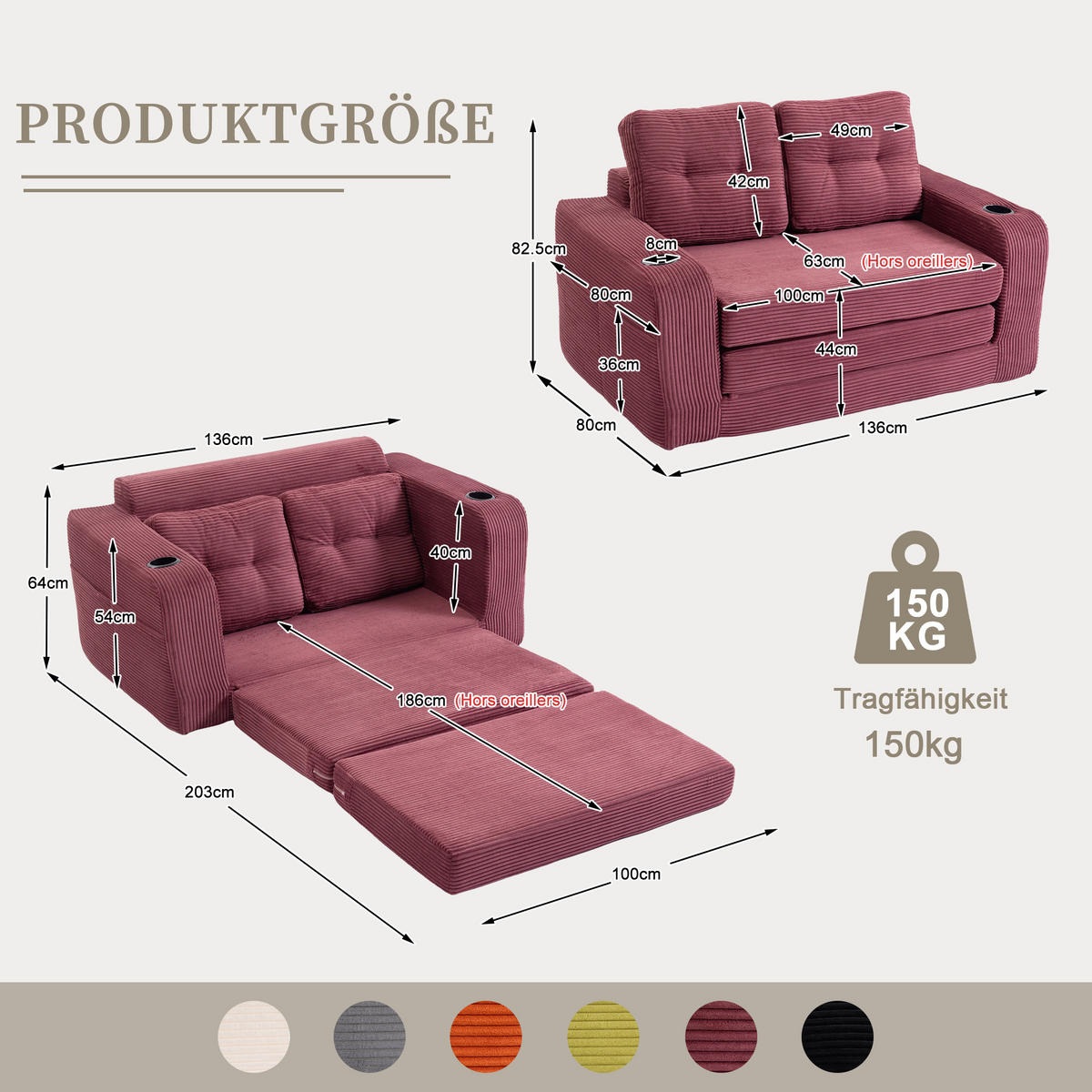 SCHLAFSOFA in Rotwein Cord mit Getränkehalter und Seitentaschen - Weinrot, Textil (136/82.5/80cm) - Oxeza