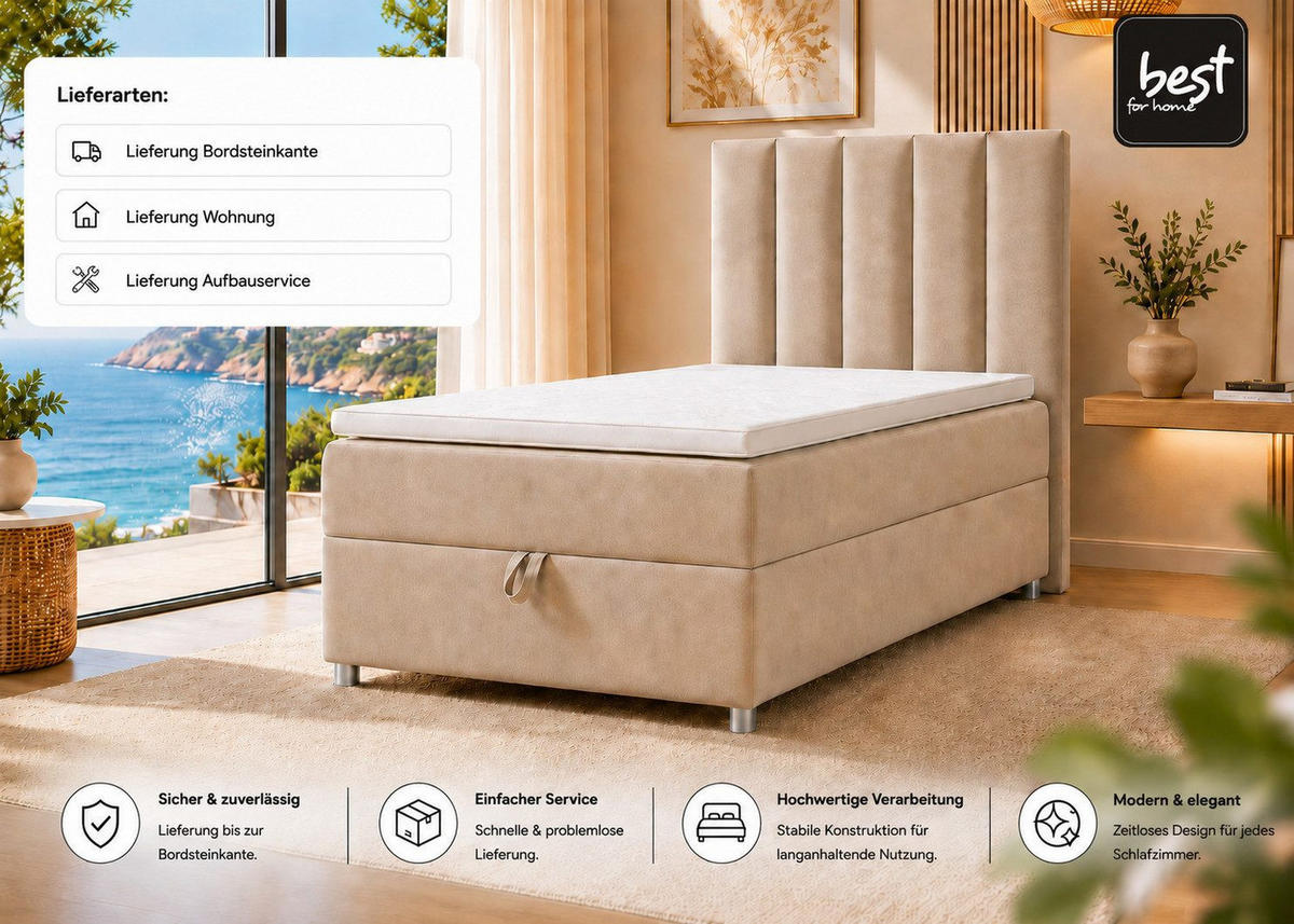 BOXBETT mit Bettkasten Trinity K-10 SINGLE Bonellfederkern inkl. Topper - Beige, Holz/Holzwerkstoff (90/200cm) - Best For Home