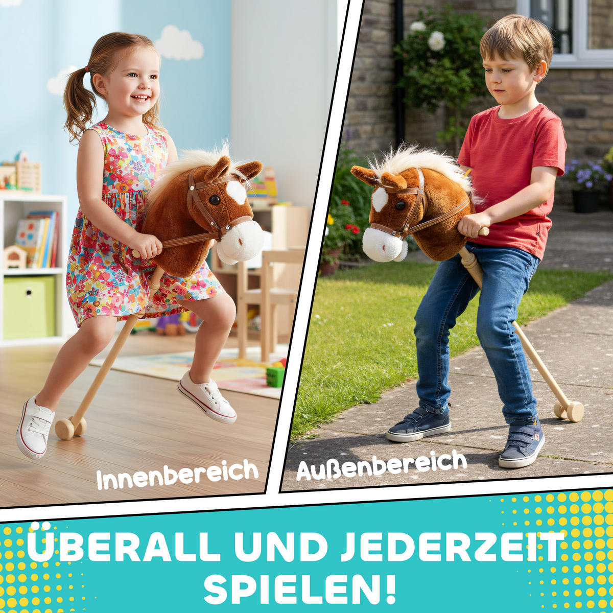 STECKENPFERD Kinder Steckenpferde mit Sound, Griffe, Rolle Stockpferd zum Reiten - Braun, Textil (25/95cm) - AIYAPLAY