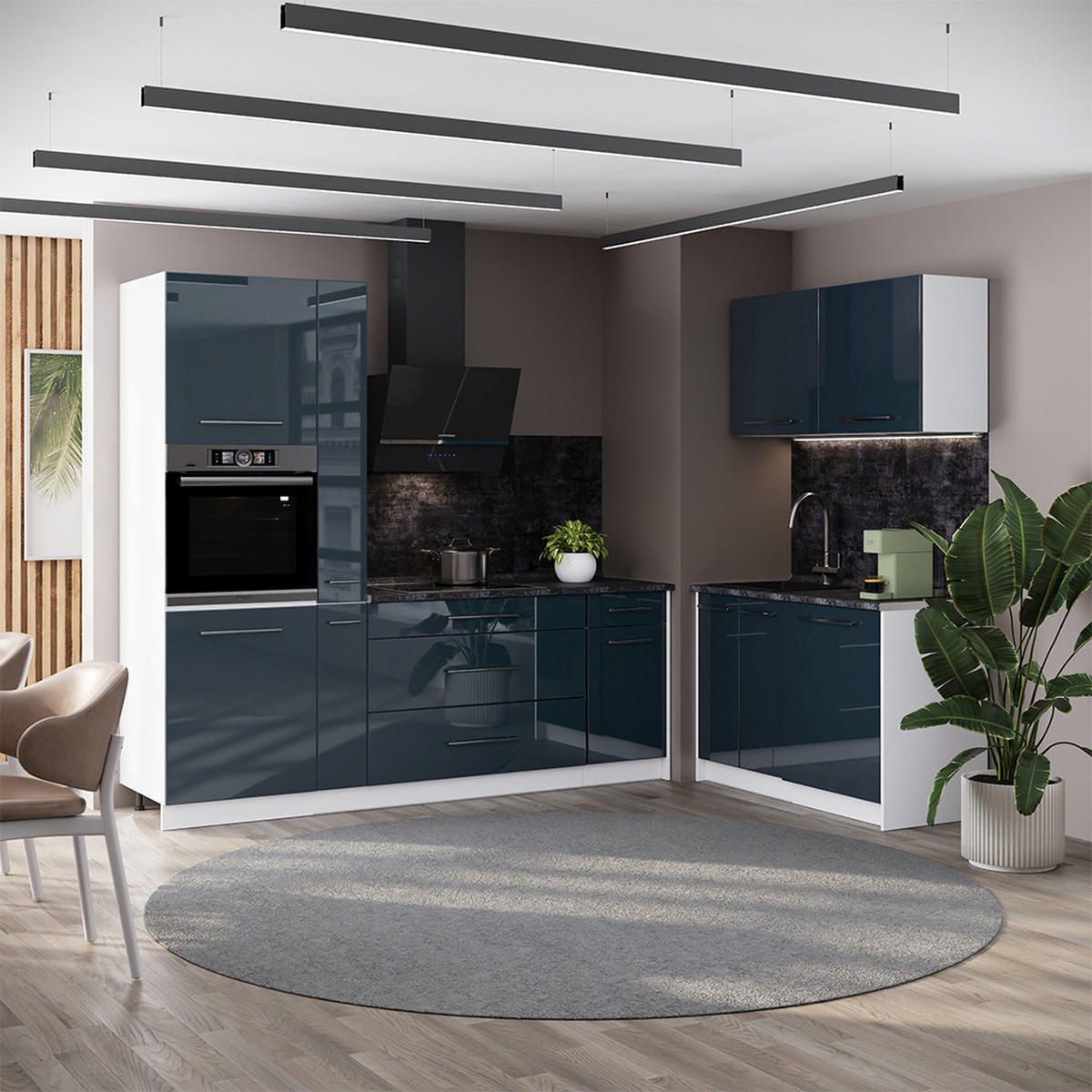 KÜCHENZEILE Fame-Line, Dunkelblau Hochglanz/Weiß, 220 x 120 cm ohne Arbeitsplatte - Dunkelblau/Weiß, Holzwerkstoff (220/206.8/51.6cm) - Vicco
