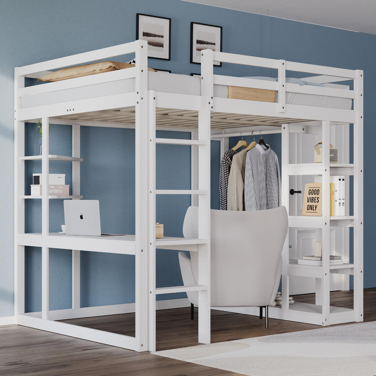 HOCHBETT 140/200 cm Weiß aus Massivholz mit Schreibtisch und Regalen - Weiß, Holz (140/200cm) - OKWISH