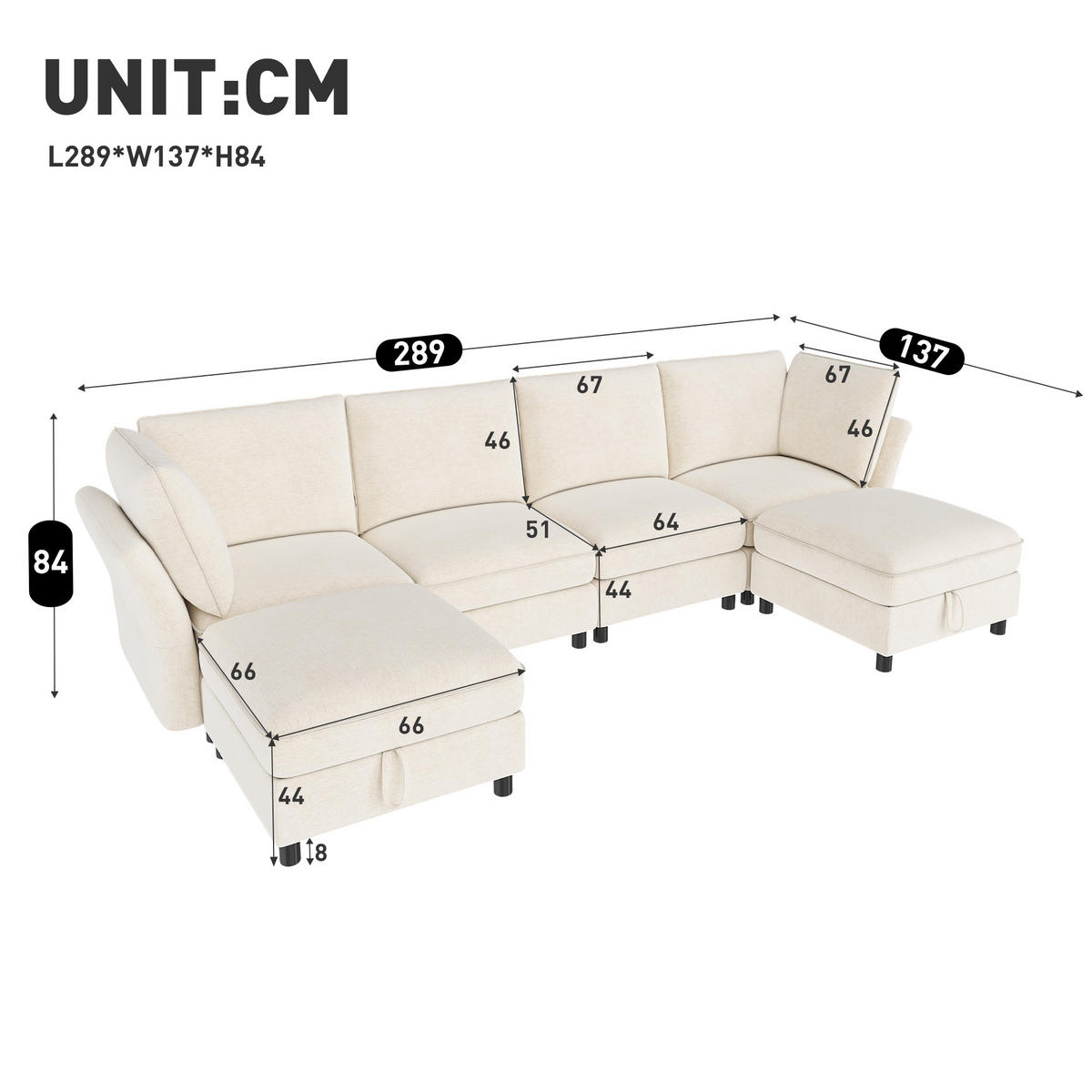 ECKSOFA mit 2 Stauraum-Hockern und Taschenfedern aus Chenille - Beige, Textil (289/137cm) - EVRYAE