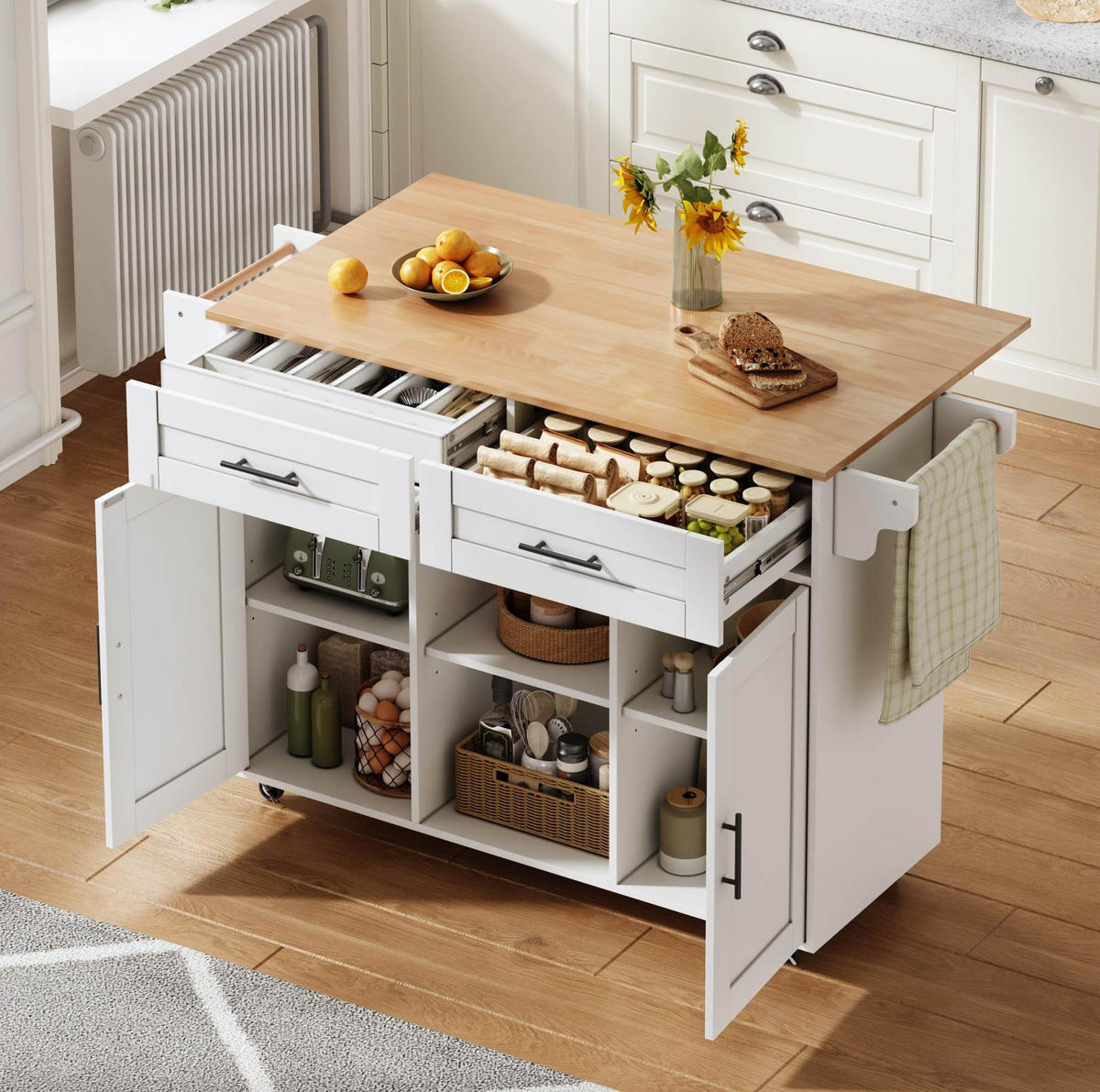 KÜCHENINSEL 145/70/94,5 cm mit klappbarer Arbeitsplatte, verstellbaren Regalen und 5 Rollen, MDF, Weiß - Weiß, Holzwerkstoff (145/94.5/70cm) - Redom