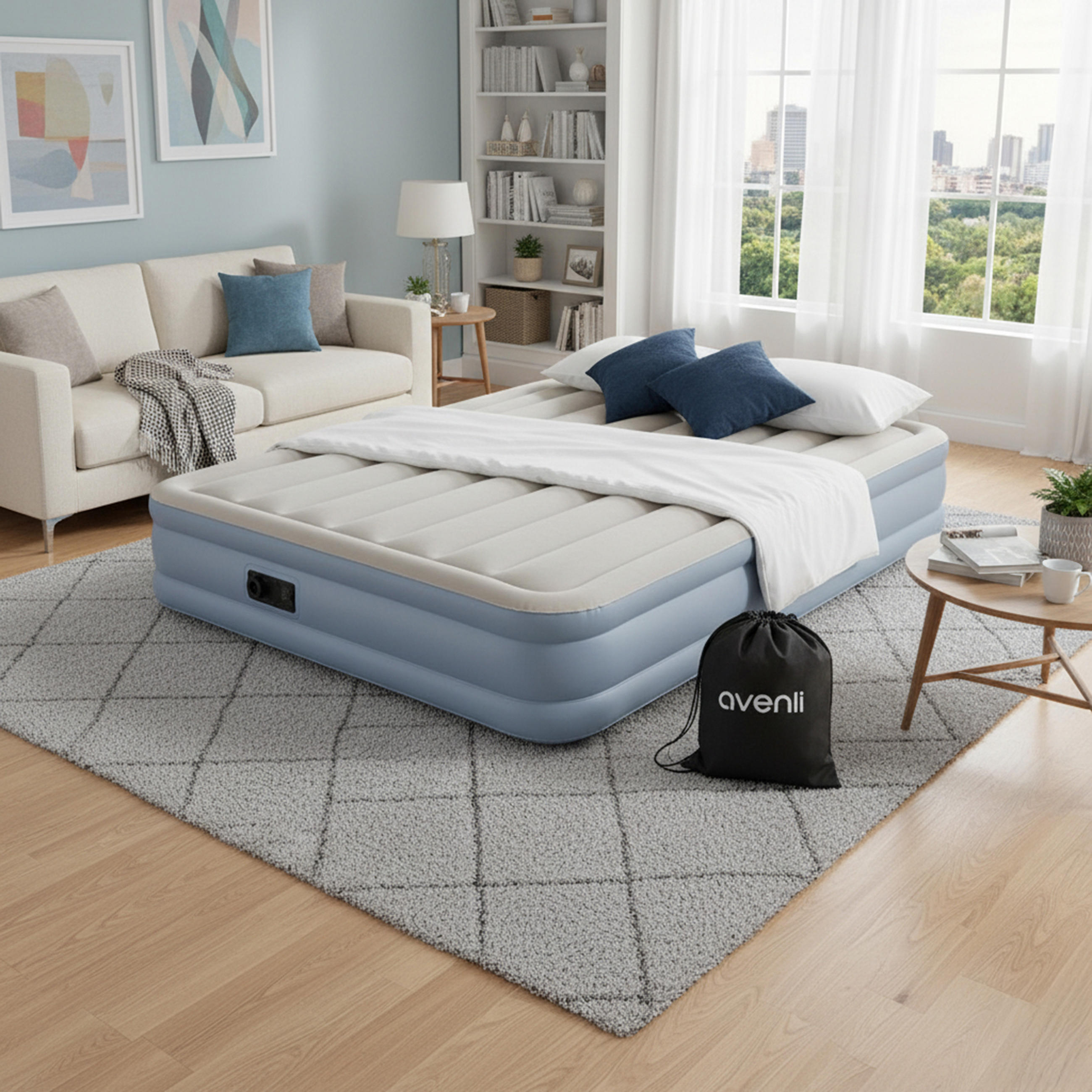 LUFTBETT Luftmatratze selbstaufblasend 203 x 152 x 33 cm mit integrierter Pumpe - Grau/Hellblau, Kunststoff (152/203cm) - Avenli