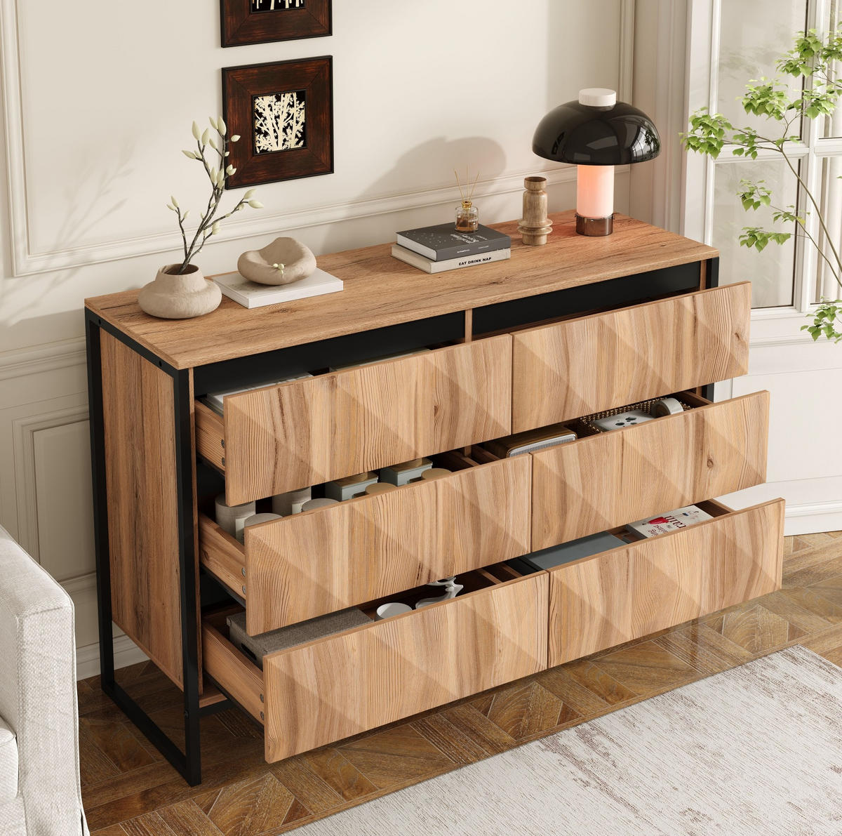 SIDEBOARD mit 6 Schubladen, Schwarz und Holz mit Metallgestell und verdeckten Griffleisten, 120/40/80 cm,Naturfarben - Naturfarben, Holzwerkstoff (120/80/40cm) - Redom
