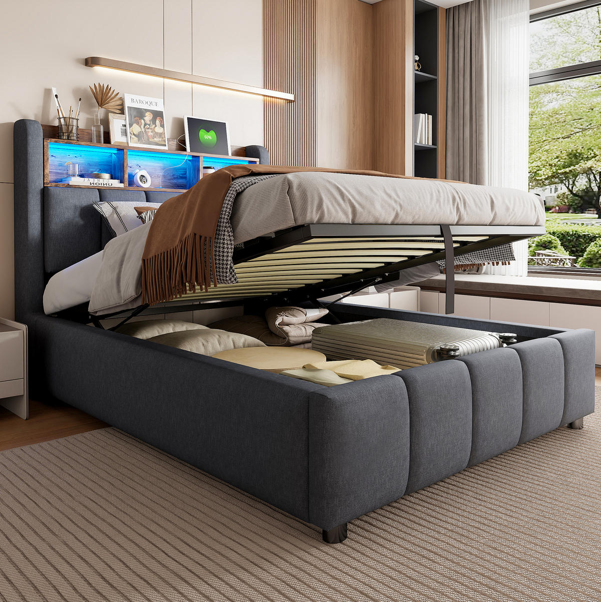 POLSTERBETT 90/200 cm Grau mit LED-Beleuchtung und USB- und Type-C-Anschlüssen - Grau, Textil (90/200cm) - Flora Grace