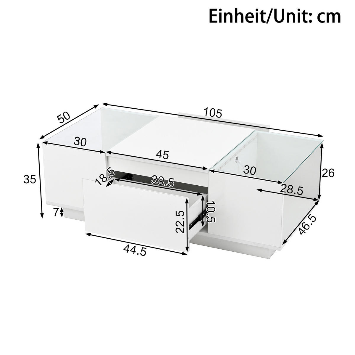 COUCHTISCH 105/50/35 cm mit LED-Beleuchtung, Stauraum, Glasplatten und 2 Schubladen, Weiß - Weiß, Holzwerkstoff (105/50/35cm) - Redom
