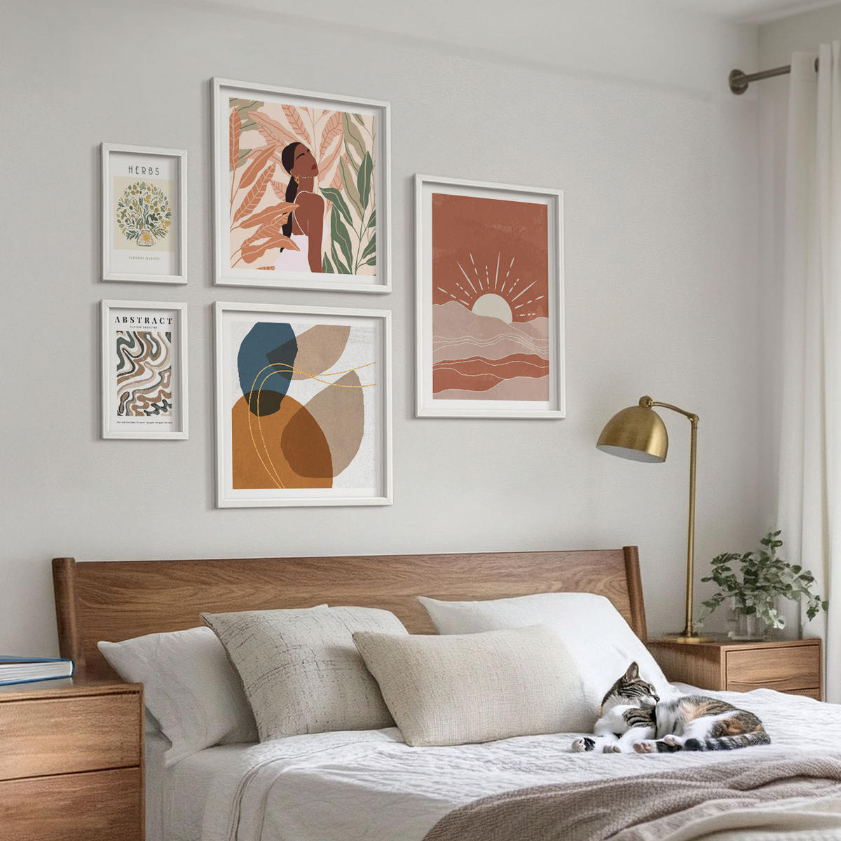 BILDER SET 5er Set - 50x50 cm & 20x30 cm & 40x60 cm Weißer Rahmen - Boho-Ästhetik, Pastellposter - Weiß, Kunststoff (40/60cm) - TULUP