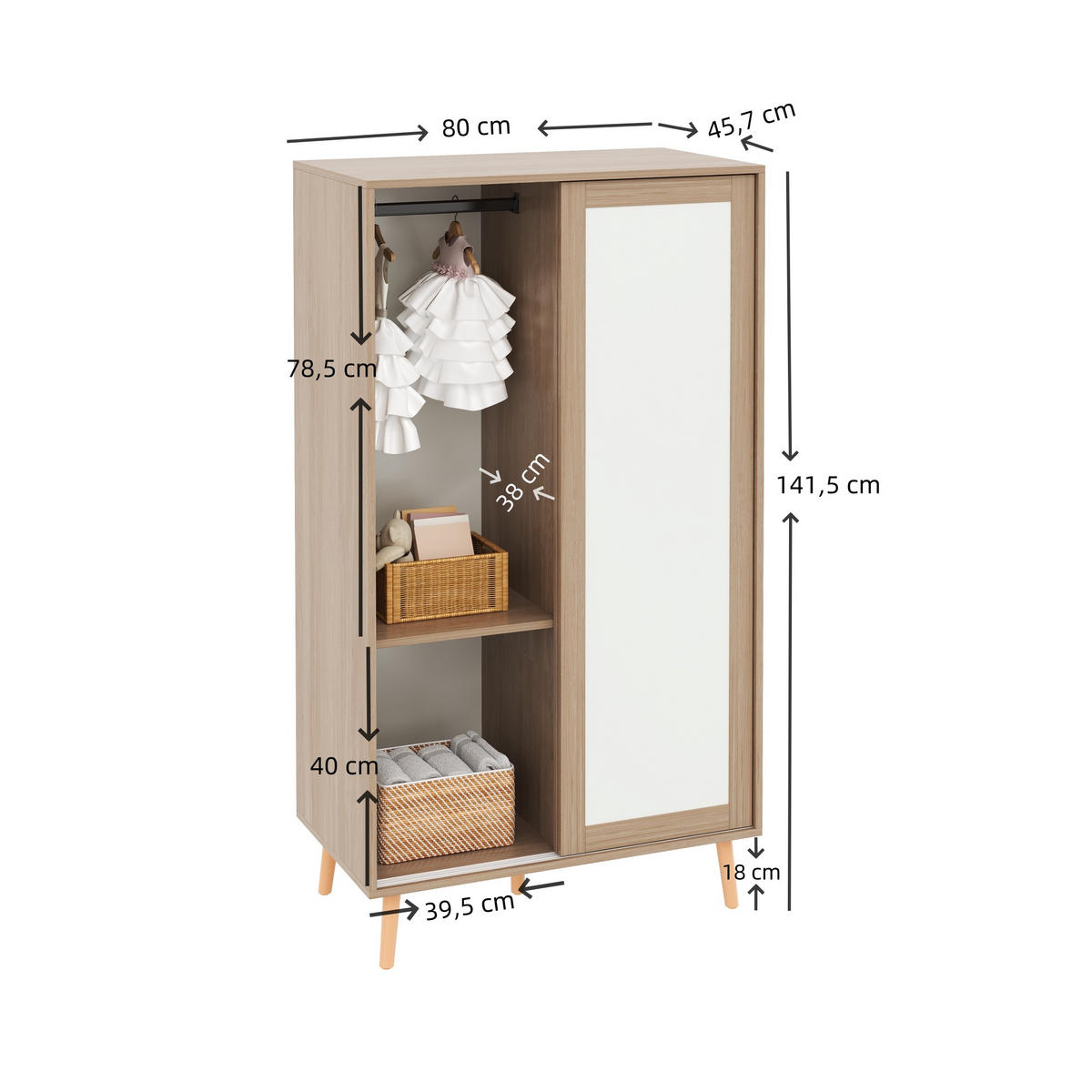 KINDER-KLEIDERSCHRANK 80x46x141.5cm Weiß + Natur Schiebetüren Massivholzfüße - Multicolor, Holz (46/141.5/80cm) - FLIEKS