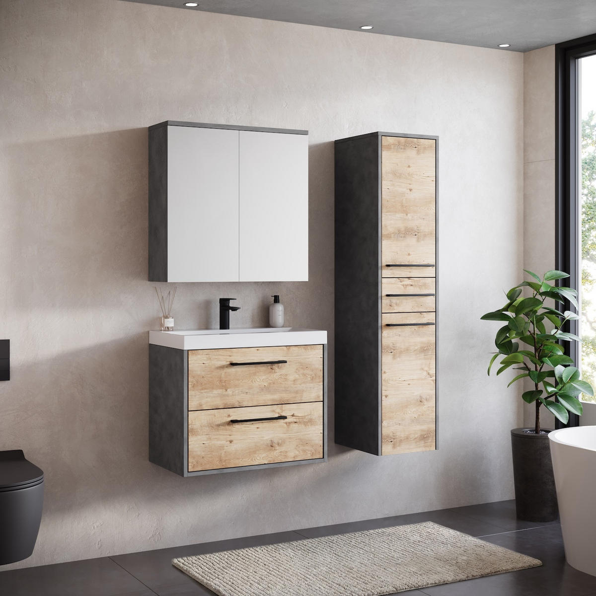 BADEZIMMERSCHRANK Florence mit 2 Türen Kastanien Eiche / Grau - 30 x 35 x 130 cm - Eichefarben/Grau, Holz (30/130/35cm) - Badplaats