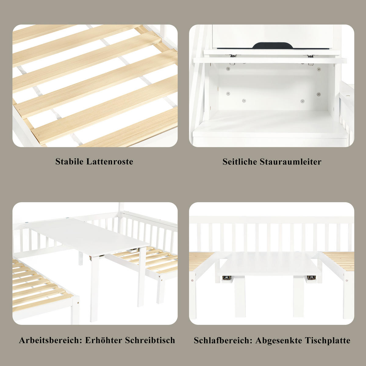 ETAGENBETT 90/200 cm & 120/200 cm in Weiß mit Stauraumtreppe, Tisch und Sicherheitsgeländer - Weiß, Holz/Holzwerkstoff (90/200cm) - CHICFURN