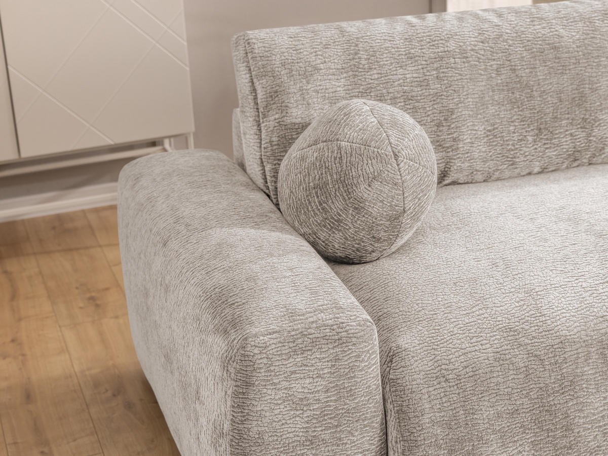 ECKSOFA Puffy mit Schlaffunktion und Bettkasten - besonders weich und puffig aus Beige Stoff mit Chenillestruktur - Ottomane rechts - Beige/Schwarz, Holz/Kunststoff (266/138cm) - S-Style Möbel