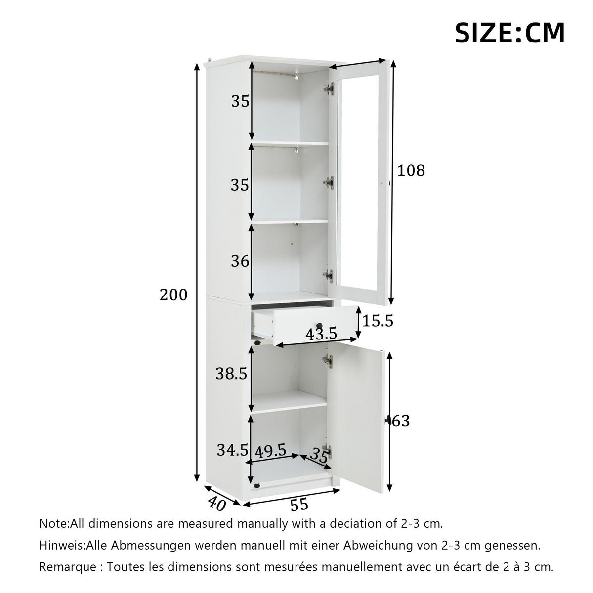 VITRINE LED Hochschrank Glas 200cm 2 Türen Schublade Weiß - Weiß, Holzwerkstoff (55/200/40cm) - FLIEKS