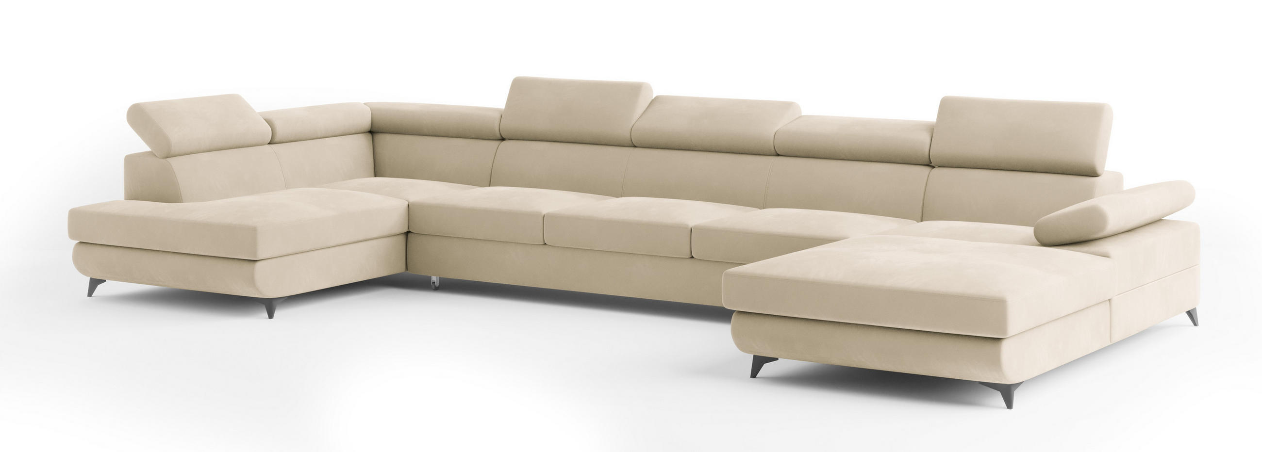 WOHNLANDSCHAFT MONTIVA Creme Velours-Stoff mit Schlaffunktion - Creme, Holz (410/89/190cm) - MASSENO