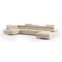 WOHNLANDSCHAFT MONTIVA Creme Velours-Stoff mit Schlaffunktion - Creme, Holz (410/89/190cm) - MASSENO