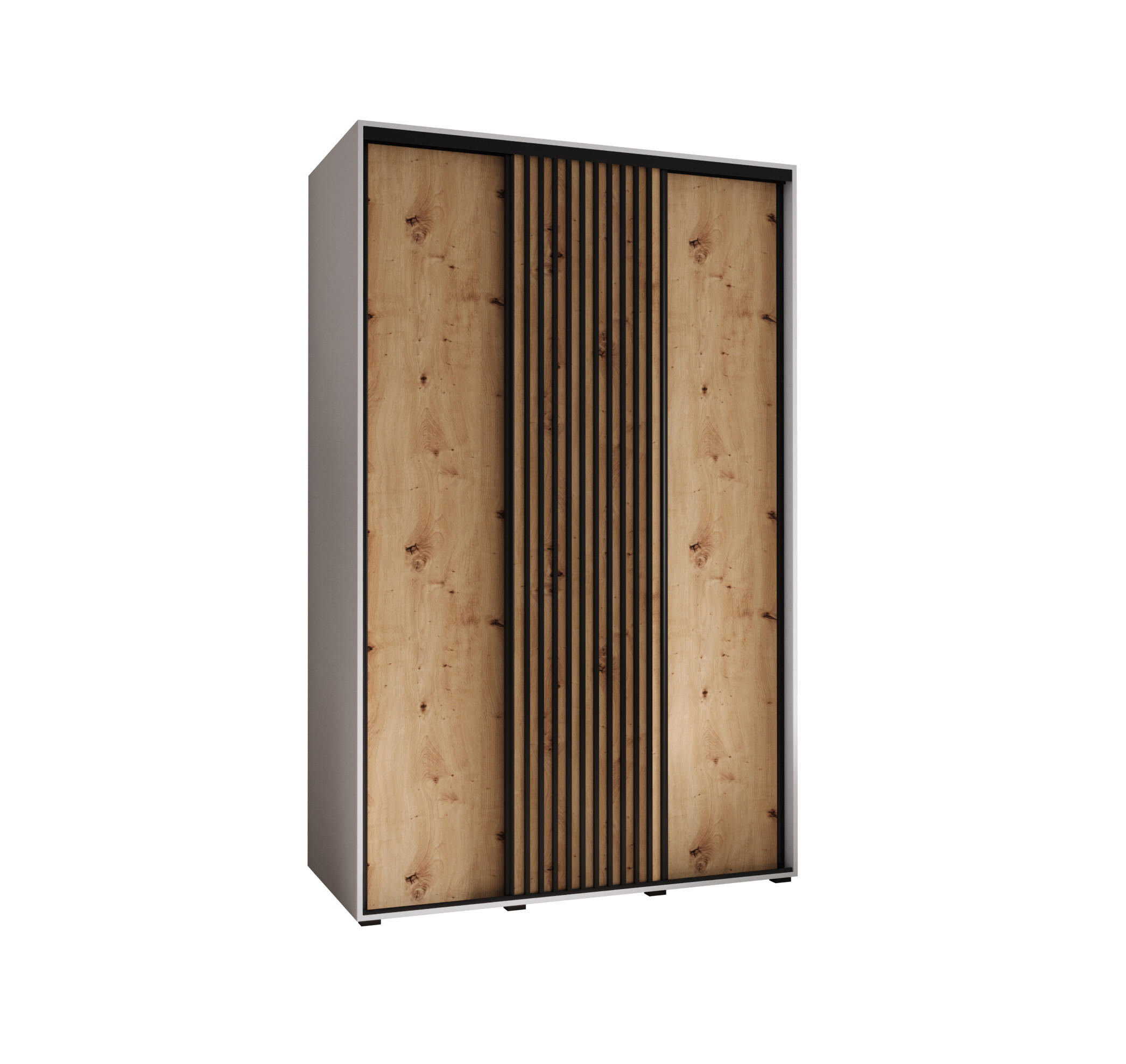 Abiks Möbel SCHWEBETÜRENSCHRANK Weiß, Eiche Artisan, Schwarz 160cm × 45cm × 205cm